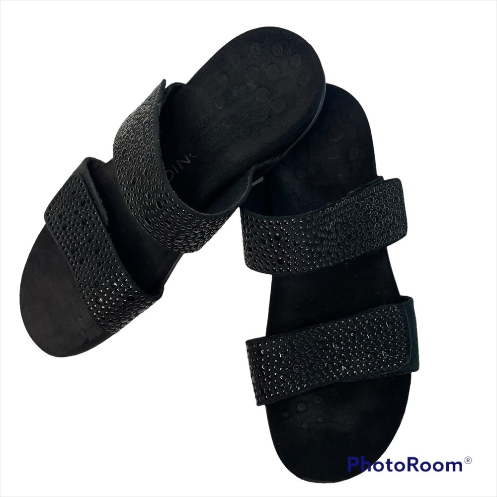 Vionic Orthaheel Black Samoa Studded Velcro Adjustable slide Sandals Size 9